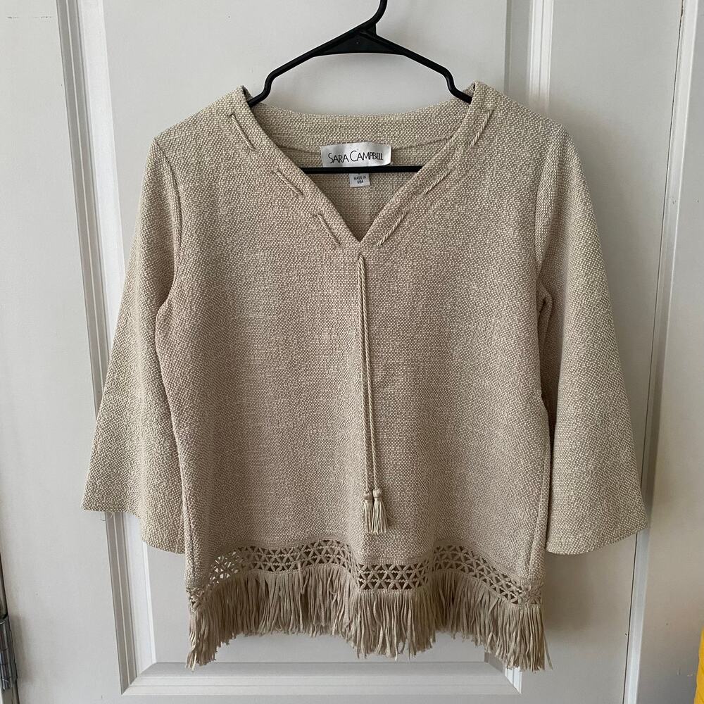 Sara Campbell Women's Top Knit Cotton Fringe size S Beige Cream